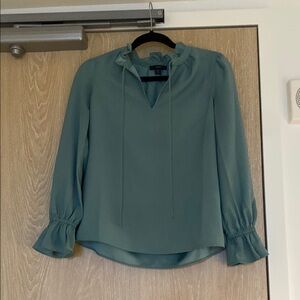 J. Crew Teal Ruffled Tie Front Blouse with Mandarin Collar